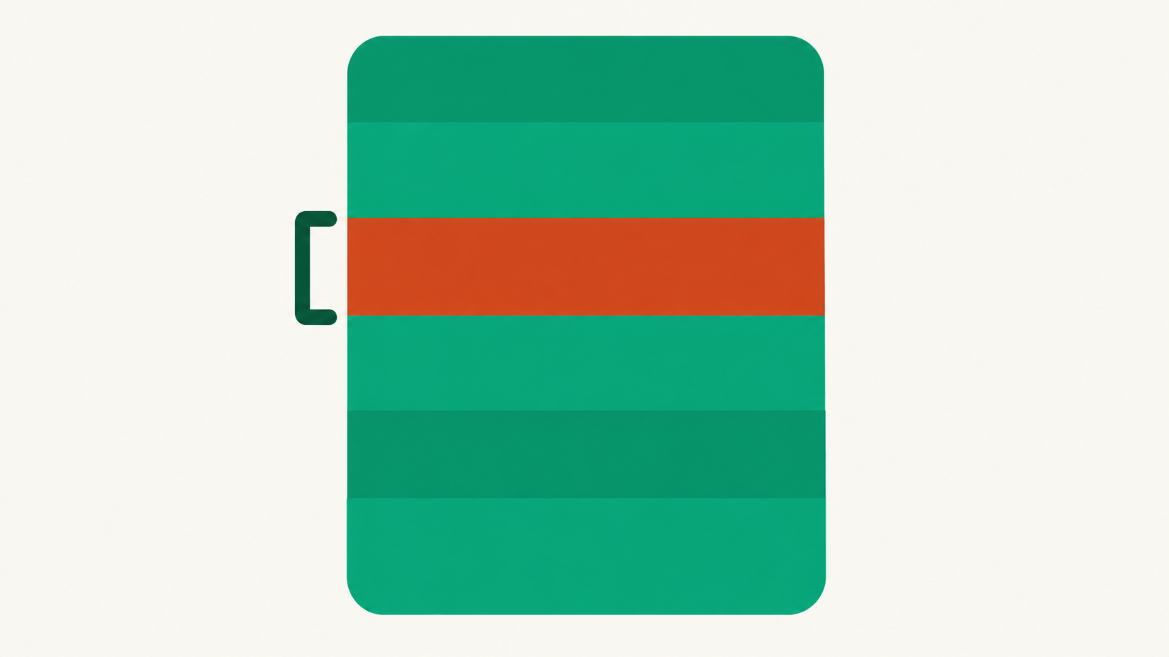 Un gran rectángulo verde con esquinas redondeadas dividido en seis franjas horizontales; la franja del medio es naranja y está marcada a la izquierda por un gancho verde oscuro.